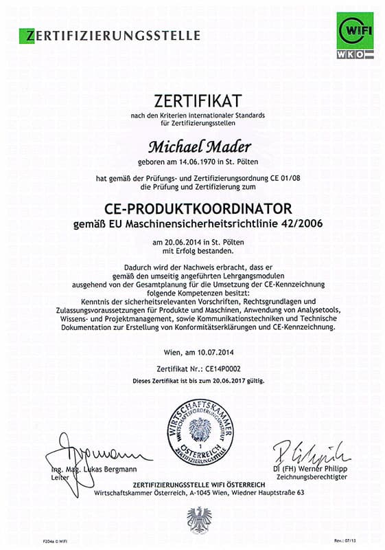 CE Produkt-Koordinator Zertifikat